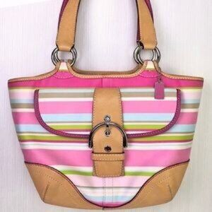 Coach Hampton Pastel Striped Satchel Handbag Tote Bag Purse